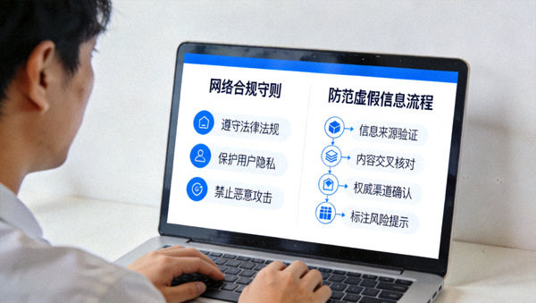 计算机屏幕上展示的网络合规守则与防范虚假信息流程