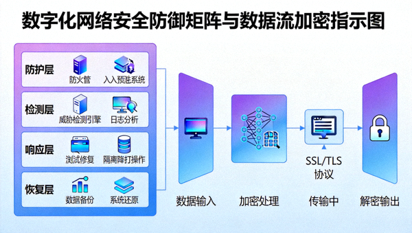 数字化网络安全防御矩阵与数据流加密指示图