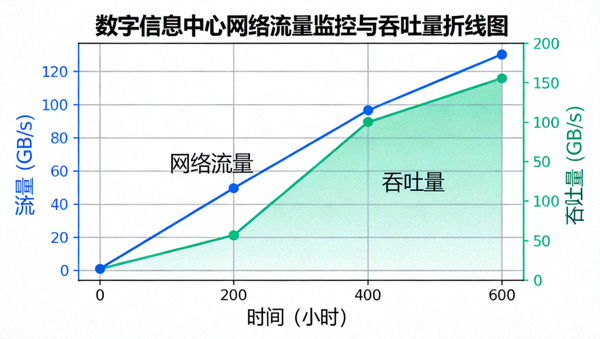 数字信息中心网络流量监控与吞吐量折线图