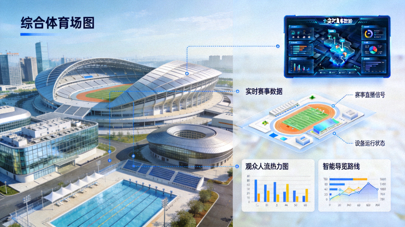 现代化综合体育场馆全景与数字化信息交互示意图