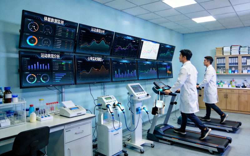 多屏数据协同展示与专业体能科研实验室工作场景